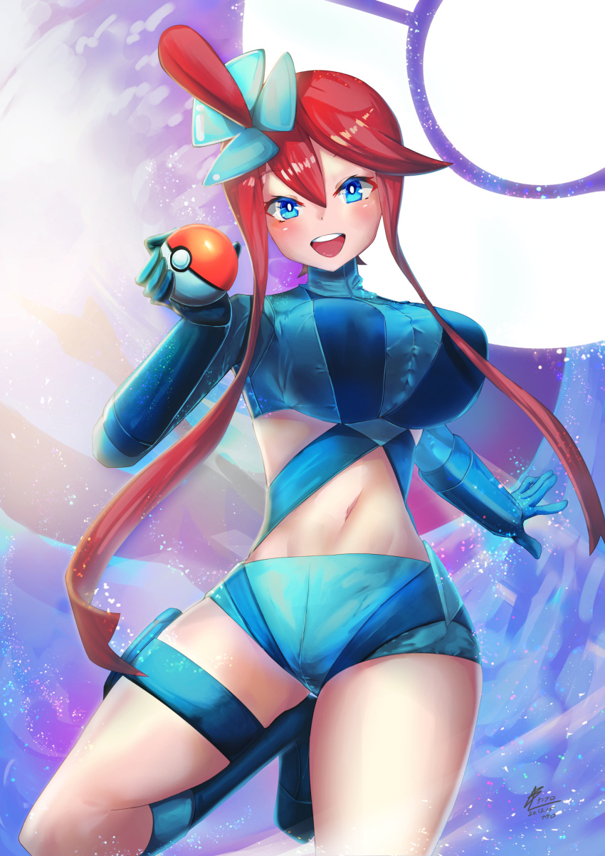 1girl, :d, bangs, blue_eyes, blue_footwear, blue_gloves, blue_jacket, blue_shorts, blush, boots, breasts, covered_nipples, cowboy_shot, crop_top, cropped_jacket, dated, elbow_gloves, eyebrows_visible_through_hair, gloves, groin, gym_leader, hair_between_eyes, hair_ornament, highres, holding, holding_poke_ball, holster, jacket, knee_boots, large_breasts, long_hair, looking_at_viewer, midriff, nandarobium, navel, one_side_up, open_mouth, poke_ball, poke_ball_(basic), poke_ball_symbol, pokemon, pokemon_(game), pokemon_bw, purple_background, redhead, short_shorts, shorts, sidelocks, signature, skyla_(pokemon), smile, solo, standing, standing_on_one_leg, swept_bangs, thigh_holster, upper_teeth