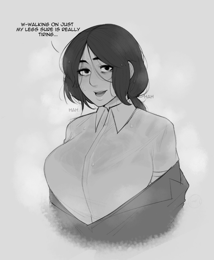 1girl, bags_under_eyes, breasts, collared_shirt, commentary, english_commentary, english_text, grey_background