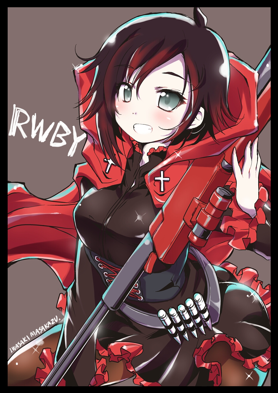 1girl, :d, artist_name, bandolier, belt, black_dress, black_hair, black_legwear