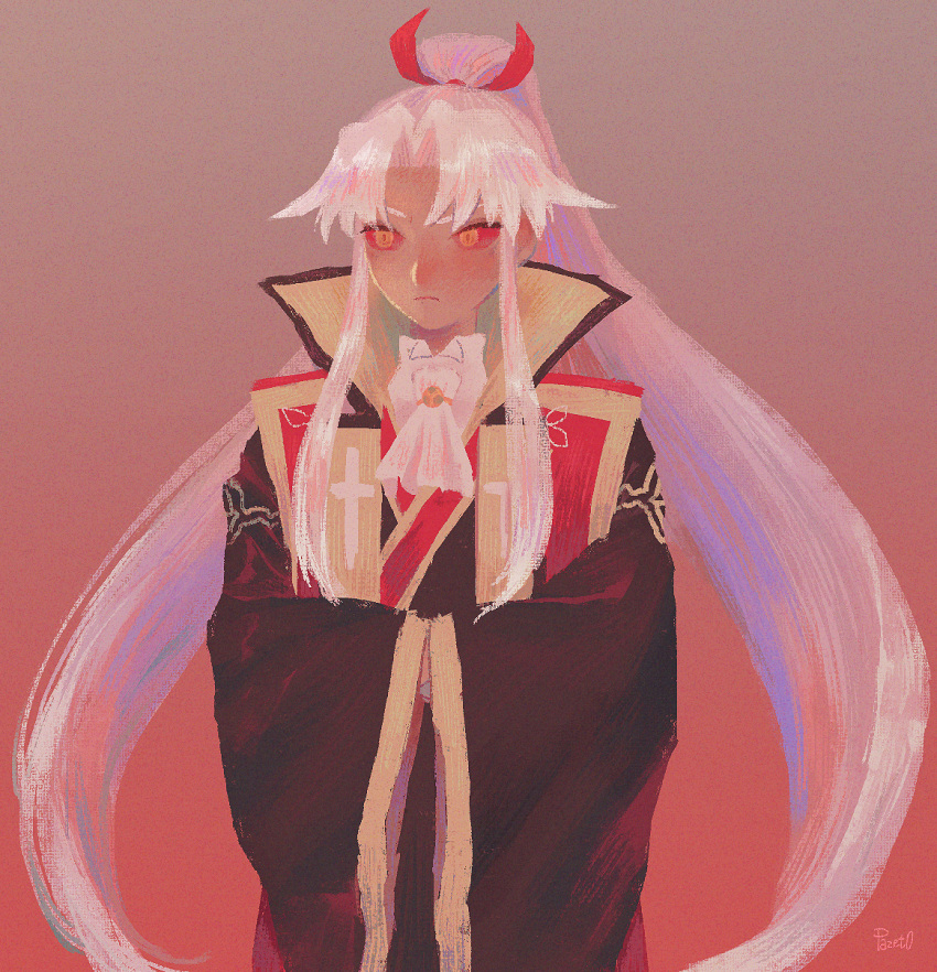 1boy, amakusa_shirou_(fate), blush, brown_eyes, colored_sclera, cravat, cross, dark_persona, dark_skin, dark_skinned_male, expressionless, fate/apocrypha, fate/grand_order, fate_(series), highres, long_hair, looking_to_the_side, male_focus, pazet0, priest, red_sclera, tied_hair, upper_body, very_long_hair, white_hair, white_neckwear, wide_sleeves, yellow_eyes