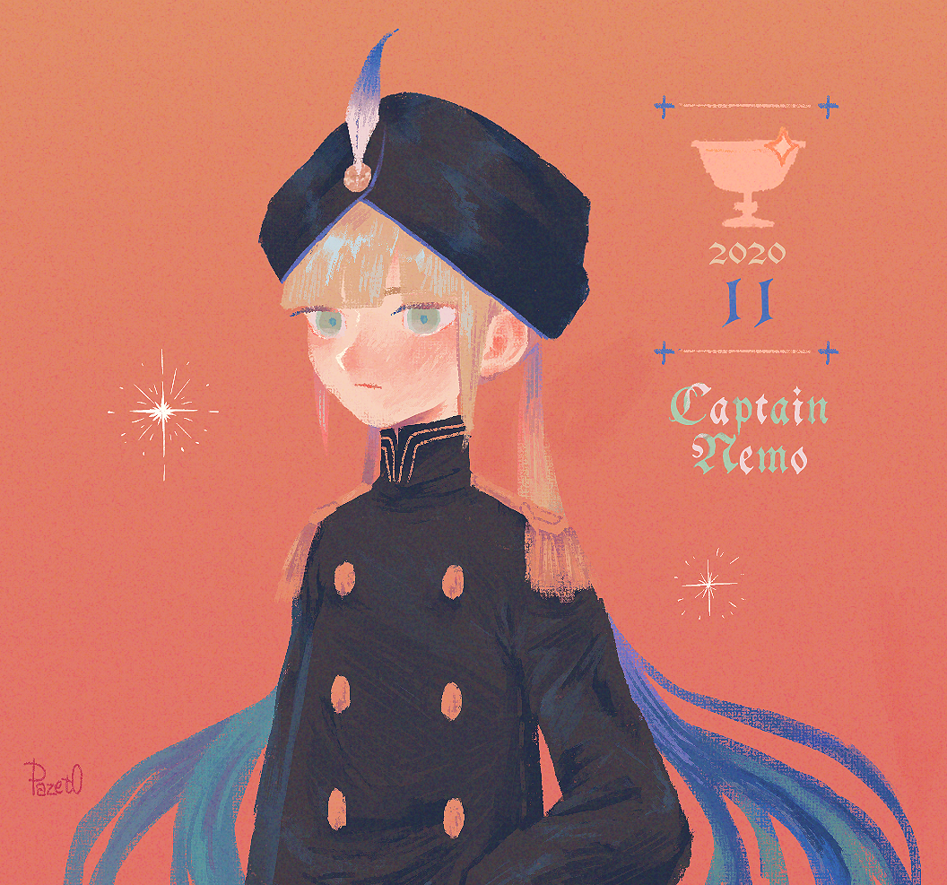 1other, bangs, blonde_hair, blue_hair, captain_nemo_(fate/grand_order), character_name, english_text, fate/grand_order