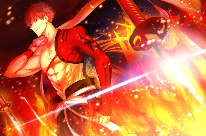 1boy, abs, amata1006, embers, emiya_shirou, fate/grand_order, fate_(series), fire