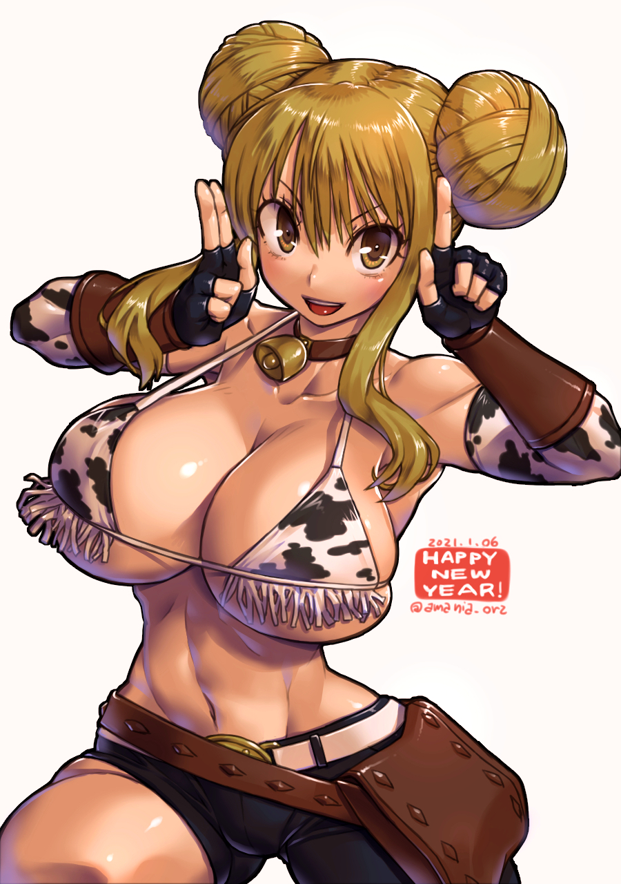 1girl, 2021, amania_orz, animal_print, bag, bell, belt, belt_buckle