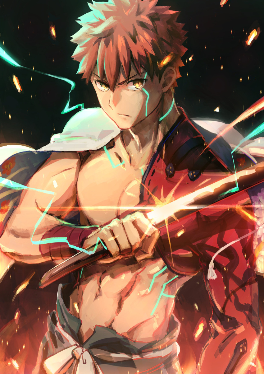 1boy, absurdres, embers, emiya_shirou, fate/grand_order, fate_(series), glint, highres, holding, holding_sword, holding_weapon, igote, katana, limited/zero_over, looking_at_viewer, male_focus, redhead, sengo_muramasa_(fate), shirtless, solo, sword, toned, toned_male, tuto_(mokuchin09), upper_body, weapon, wristband, yellow_eyes