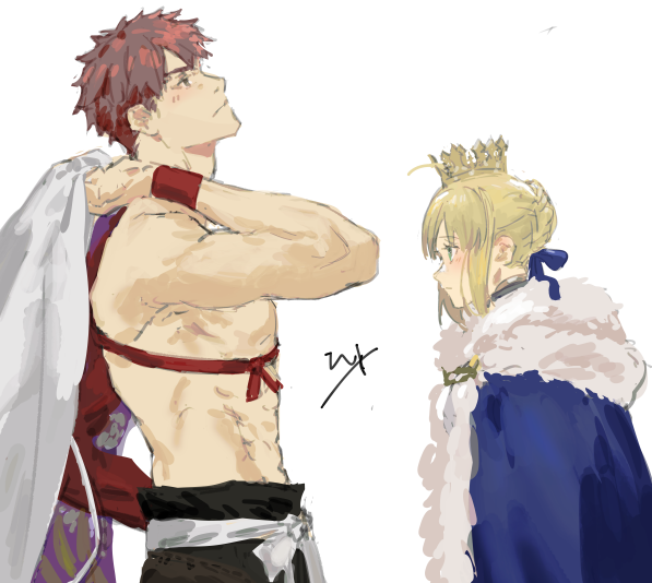 1boy, 1girl, ahoge, artoria_pendragon_(all), blonde_hair, blush, crown, emiya_shirou, fate/grand_order, fate/stay_night, fate_(series), from_side, limited/zero_over, limited_palette, looking_at_another, looking_up, matoba_(ga6life), redhead, saber, sengo_muramasa_(fate), shirtless, signature, simple_background, toned, toned_male, upper_body, white_background, wristband