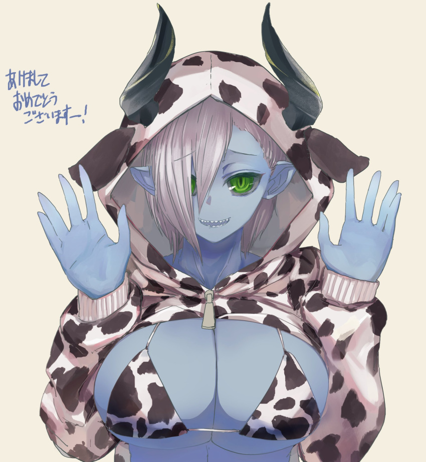 1girl, 2021, animal_ears, bikini, black_horns, black_sclera, blue_skin, chinese_zodiac, colored_sclera, colored_skin, demon_girl, demon_horns, fake_animal_ears, green_eyes, hair_over_one_eye, highres, hood, hoodie, horns, horns_through_headwear, irasrgsmk, musuko_ga_kawaikute_shikatanai_mazoku_no_hahaoya, print_bikini, sharp_teeth, short_hair, solo, swimsuit, teeth, teresa_(mazohaha), white_background, year_of_the_ox, zipper
