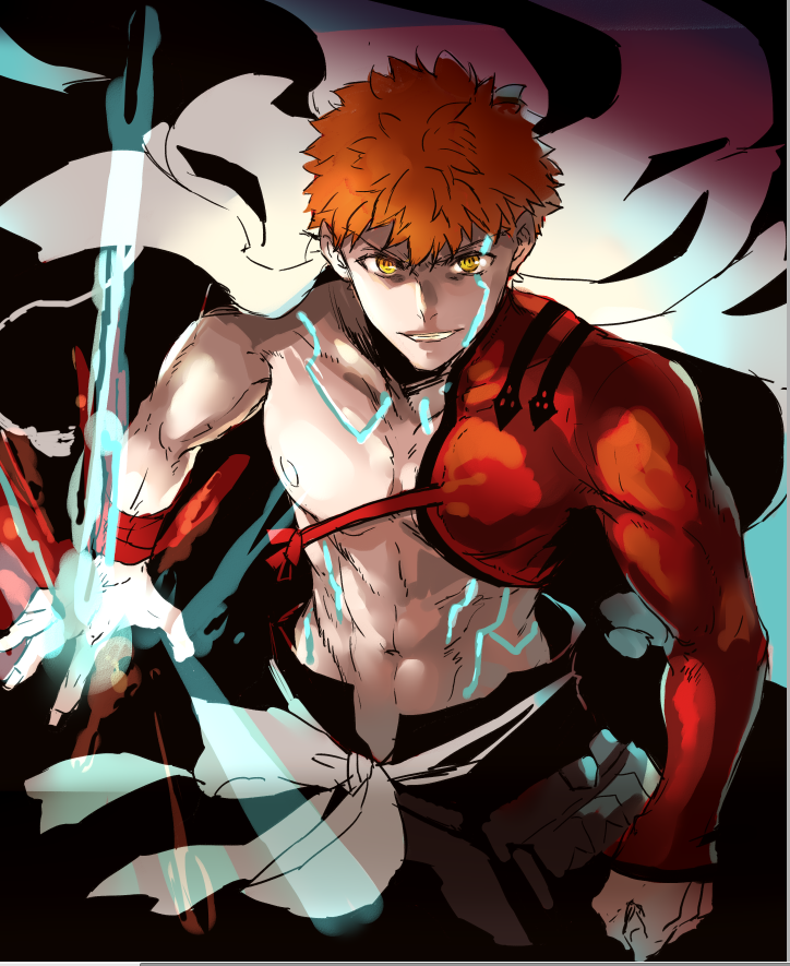 1boy, commentary_request, emiya_shirou, fate/grand_order, fate_(series), grin, igote, limited/zero_over