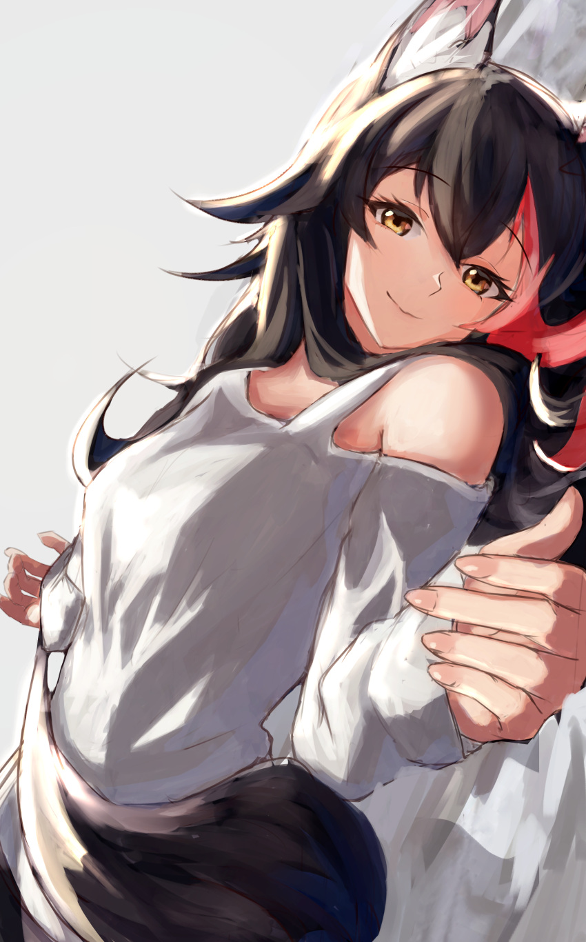 1girl, absurdres, animal_ear_fluff, animal_ears, black_hair, breasts, closed_mouth, clothing_cutout, commentary, eyebrows_visible_through_hair, eyelashes, grey_background, hair_between_eyes, highres, hololive, long_hair, long_sleeves, looking_at_viewer, lying, medium_breasts, multicolored_hair, mushrooming_man, no_hair_ornament, on_back, ookami_mio, orange_eyes, redhead, shirt, shoulder_cutout, simple_background, smile, solo, streaked_hair, tail, two-tone_hair, virtual_youtuber, white_shirt, wolf_ears, wolf_tail