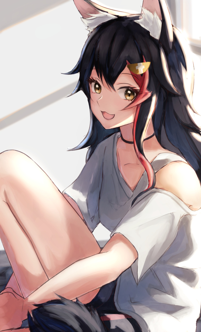1girl, absurdres, animal_ear_fluff, animal_ears, bare_legs, black_choker, black_hair, black_shorts