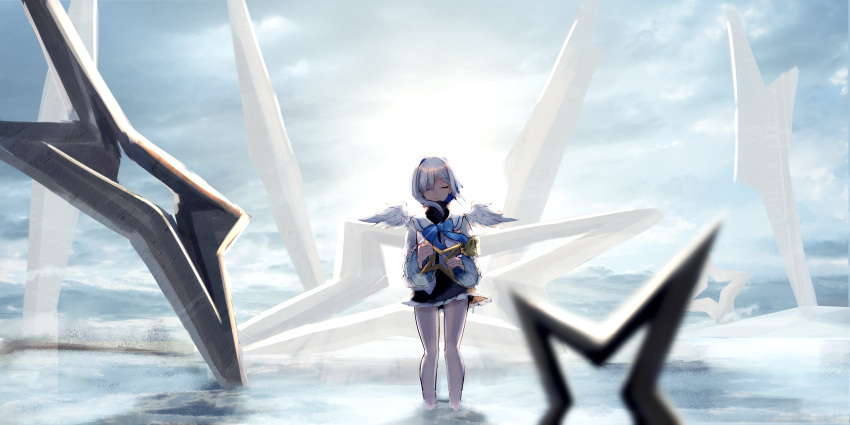 1girl, amane_kanata, angel_wings, armband, bare_legs, black_shirt, black_skirt, blue_bow