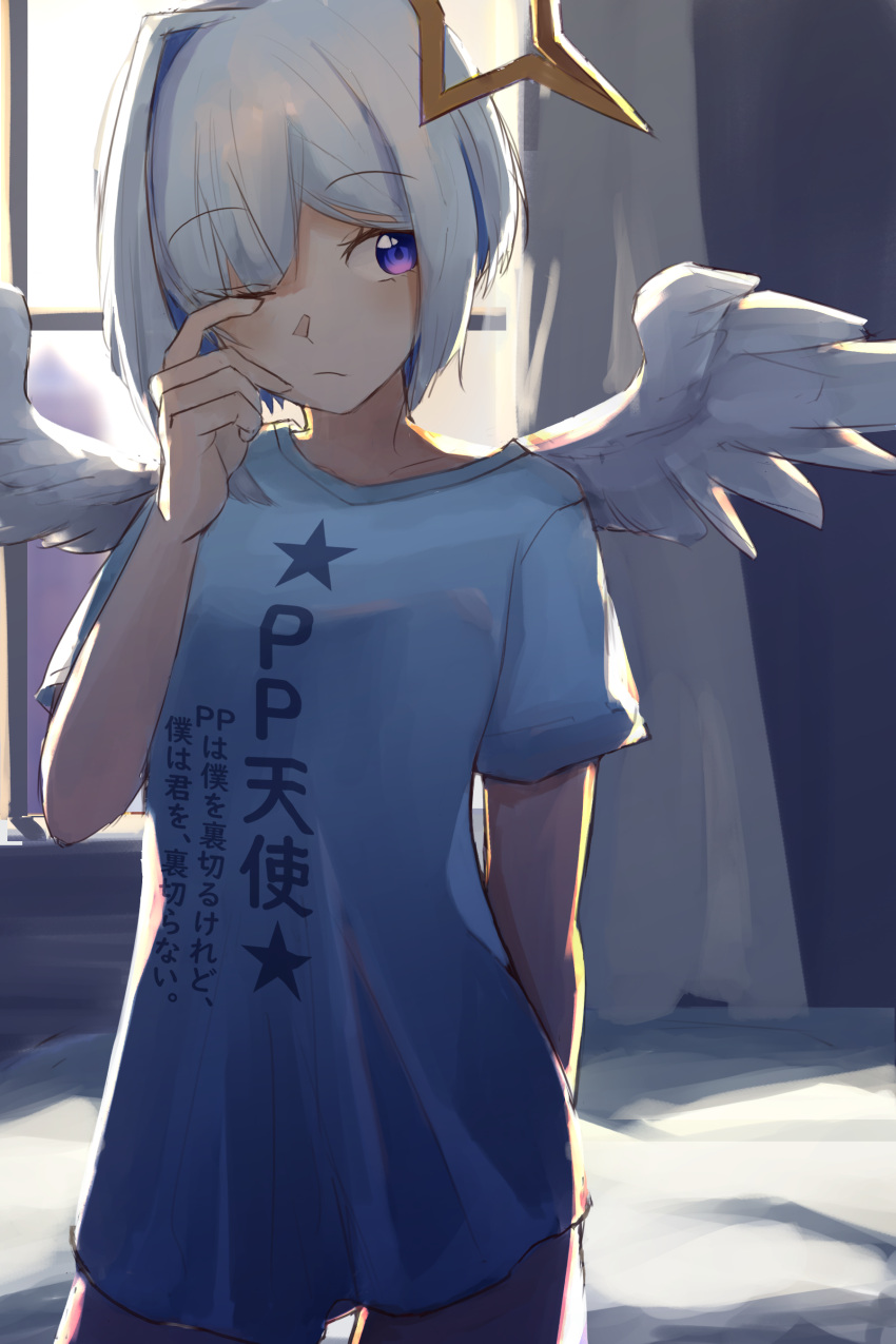 1girl, absurdres, amane_kanata, angel_wings, arm_behind_back, backlighting, bed, blue_hair, blue_shirt, breasts, colored_inner_hair, commentary, cowboy_shot, curtains, day, eyebrows_visible_through_hair, halo, highres, hololive, indoors, looking_to_the_side, multicolored_hair, mushrooming_man, naked_shirt, one_eye_closed, open_mouth, rubbing_eyes, shirt, short_hair, short_sleeves, silver_hair, small_breasts, solo, t-shirt, two-tone_hair, violet_eyes, virtual_youtuber, window, wings