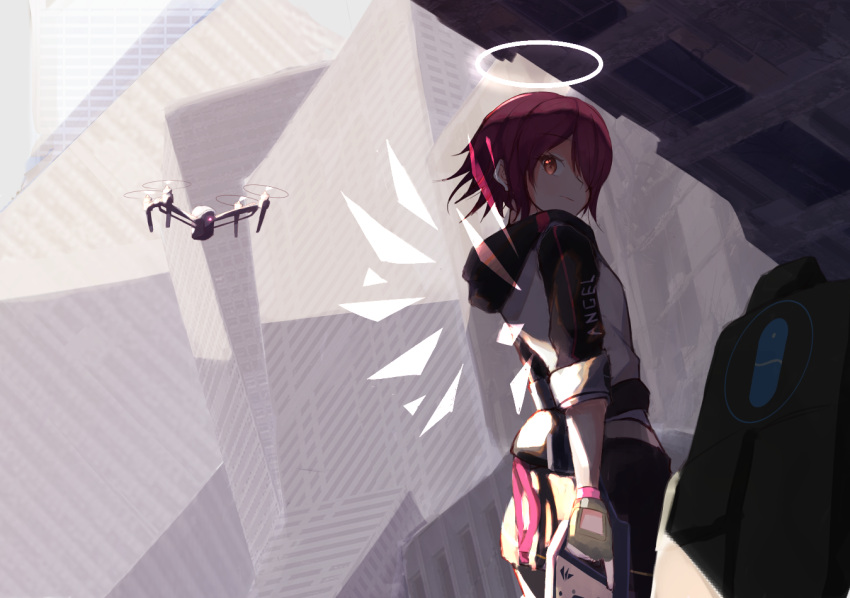 1girl, arknights, backpack, bag, black_gloves, black_legwear, black_skirt, breasts, building, closed_mouth, commentary, cowboy_shot, day, detached_wings, drone, exusiai_(arknights), fingerless_gloves, gloves, gun, hair_over_one_eye, halo, holding, holding_gun, holding_weapon, hood, hooded_jacket, jacket, looking_at_viewer, miniskirt, mushrooming_man, outdoors, pantyhose, penguin_logistics_logo, red_eyes, redhead, ruins, shade, short_hair, skirt, small_breasts, solo, sunlight, weapon, white_jacket, wings