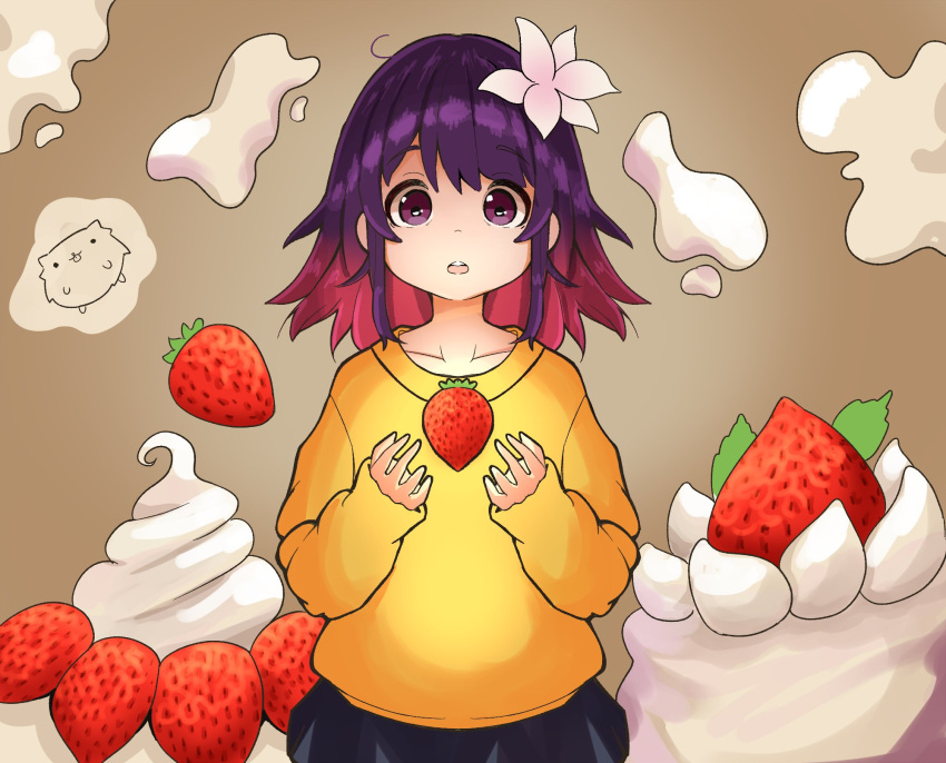 1girl, bangs, floating, flower, food, fruit, glowing, gradient_hair