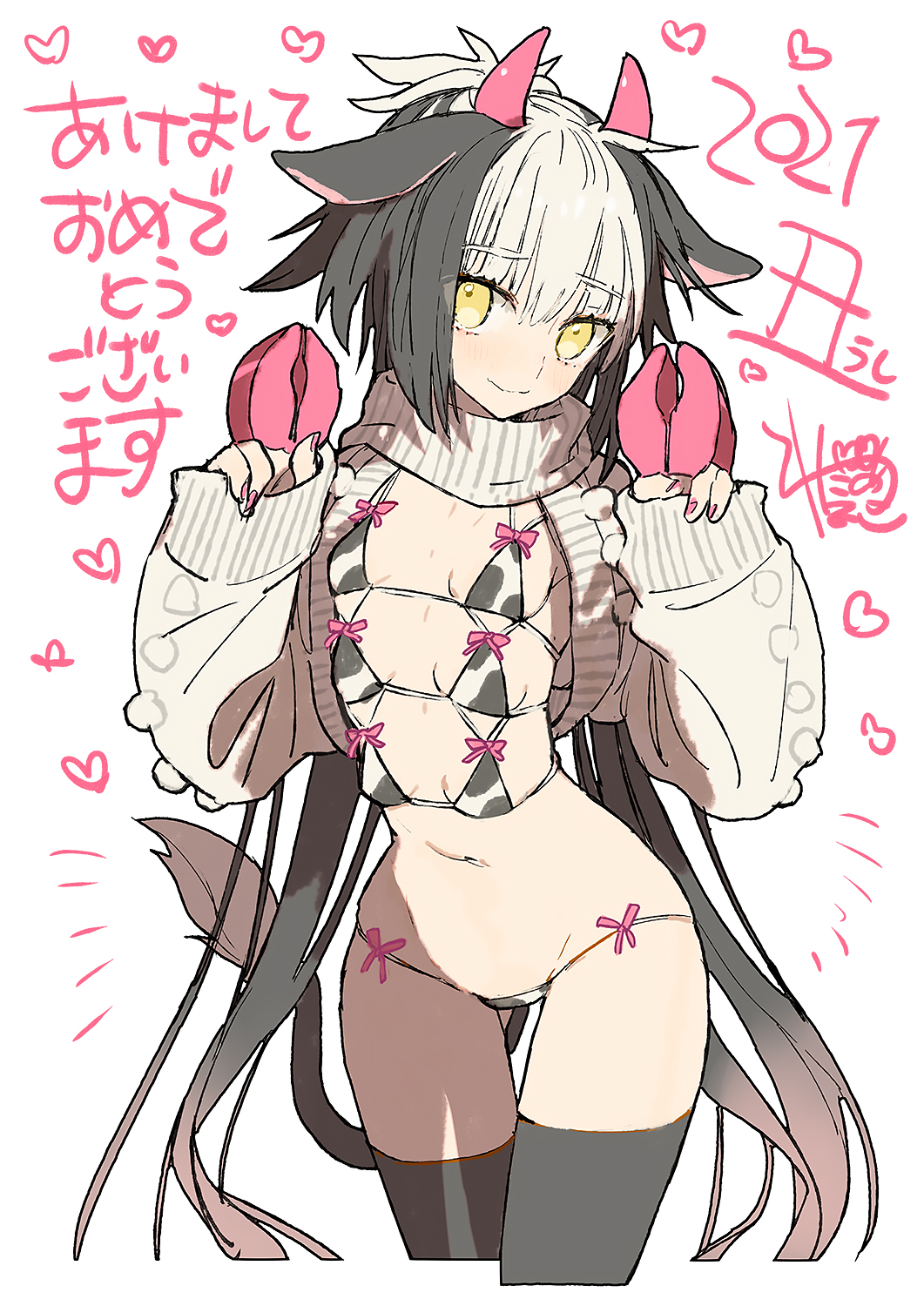 1girl, animal_ears, animal_print, bikini, black_hair, breasts, chinese_zodiac, cow