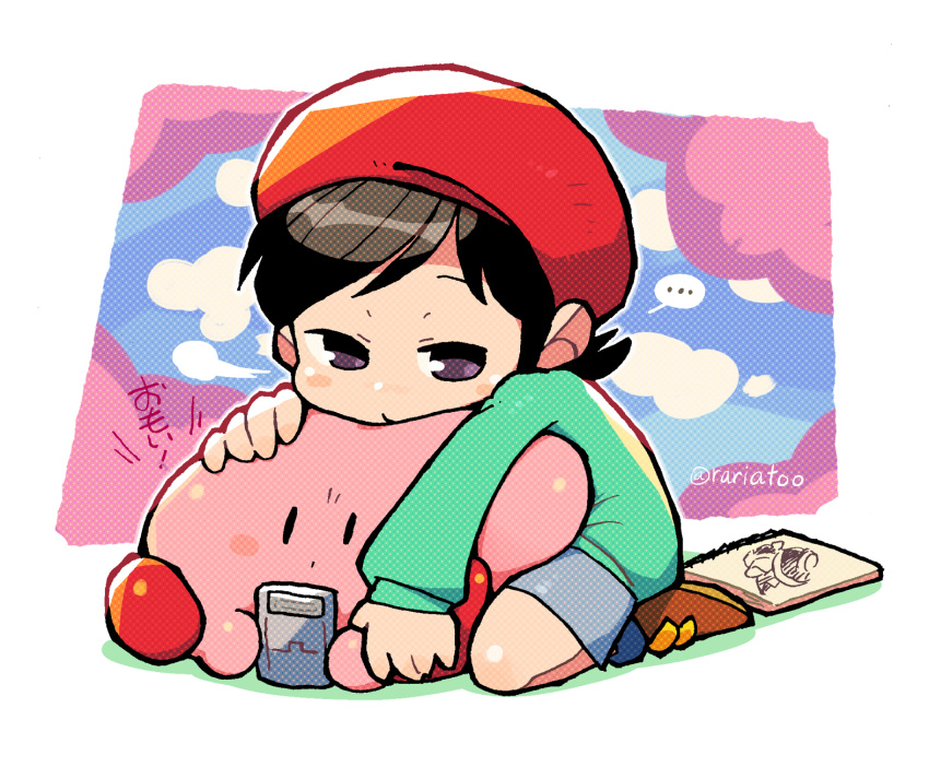 ..., 1girl, 1other, adeleine, ado, beret, black_hair, blush_stickers, brown_eyes, clouds, cloudy_sky, game_boy, handheld_game_console, hat, highres, king_dedede, kirby, kirby's_dream_land_3, kirby_(series), leaning_on_person, long_sleeves, rariatto_(ganguri), shoes, sketchbook, sky, spoken_ellipsis, twitter_username