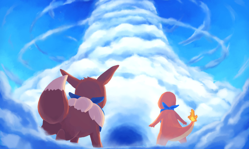 bandana, blue_sky, blue_theme, charmander, clothed_pokemon, clouds, commentary, day, eevee, fire, fisheye, from_behind, fushigi_no_dungeon, gen_1_pokemon, hierotubas, highres, looking_up, outdoors, pokemon, pokemon_(game), pokemon_mystery_dungeon, sky, standing, tower