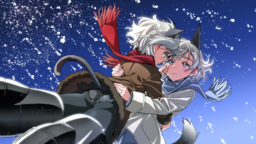 2girls, animal_ears, ass, black_legwear, black_skirt, blue_eyes, blue_scarf, blue_sky, brown_coat, cat_ears, cat_tail, closed_mouth, coat, commentary, crotch_seam, dog_ears, dog_tail, eila_ilmatar_juutilainen, flying_sweatdrops, fringe_trim, green_eyes, half-closed_eyes, hand_on_another's_face, highres, hug, kogarashi51, long_hair, long_sleeves, medium_hair, miniskirt, multiple_girls, panties, panties_under_pantyhose, pantyhose, parted_lips, pleated_skirt, red_scarf, sanya_v_litvyak, scarf, short_hair, silver_hair, skirt, sky, smile, snow, strike_witches, striker_unit, tail, tears, underwear, white_coat, wind, wiping_tears, world_witches_series, yuri