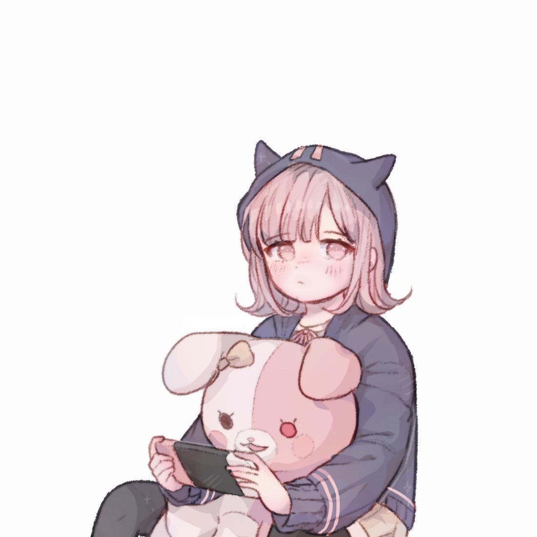 1girl, animal_ears, bangs, black_jacket, blush, brown_skirt, commentary_request, dangan_ronpa_(series)