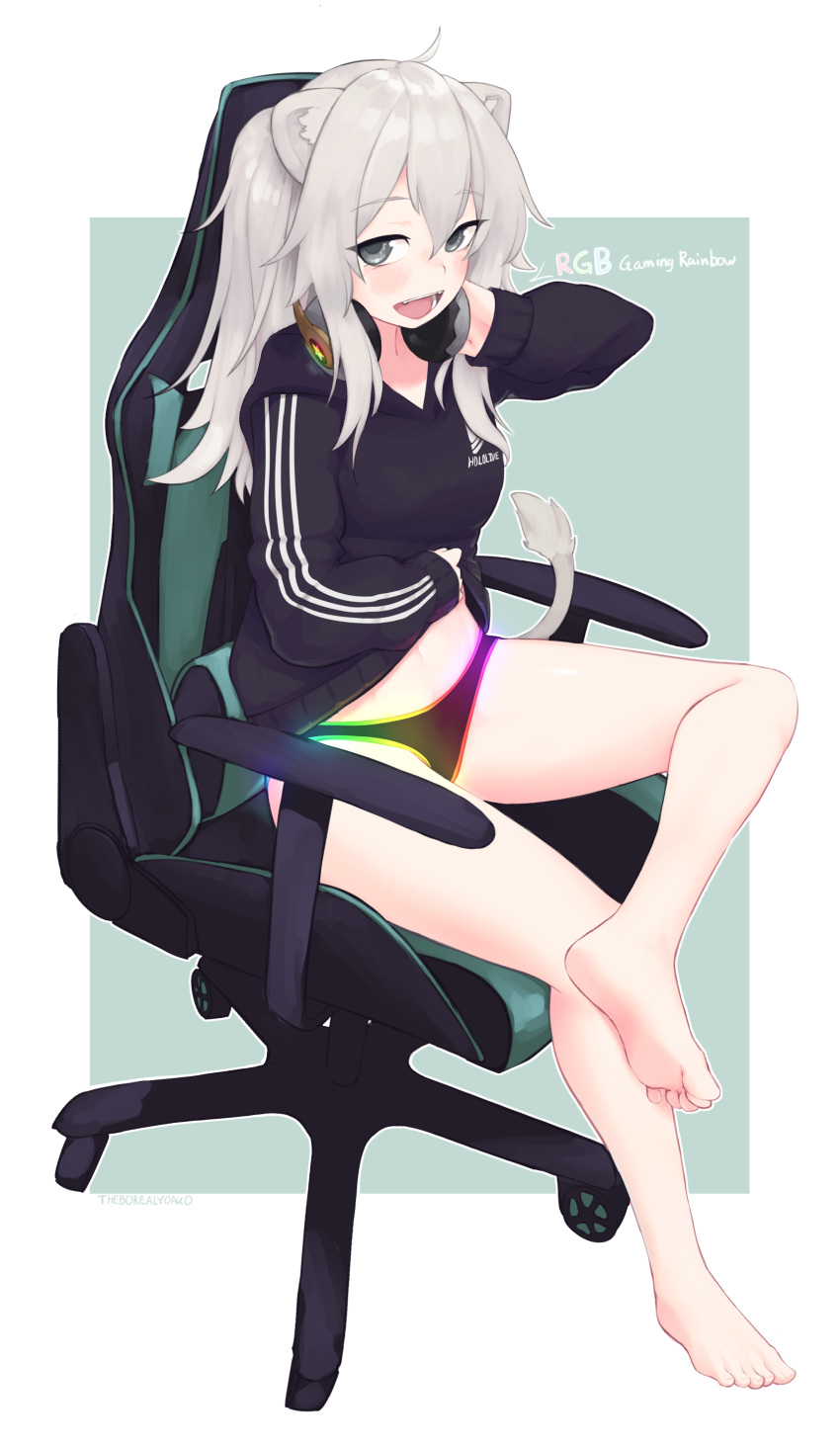 1girl, :d, absurdres, ahoge, animal_ears, barefoot, black_hoodie, black_panties, chair, copyright_name, feet, grey_eyes, grey_hair, hair_between_eyes, headphones, headphones_around_neck, highres, hololive, hood, hoodie, led, legs, lifted_by_self, lion_ears, lion_girl, long_hair, long_sleeves, looking_at_viewer, no_pants, office_chair, open_mouth, panties, rainbow, rgb_lights, shishiro_botan, sitting, smile, soles, solo, underwear, virtual_youtuber, yoako