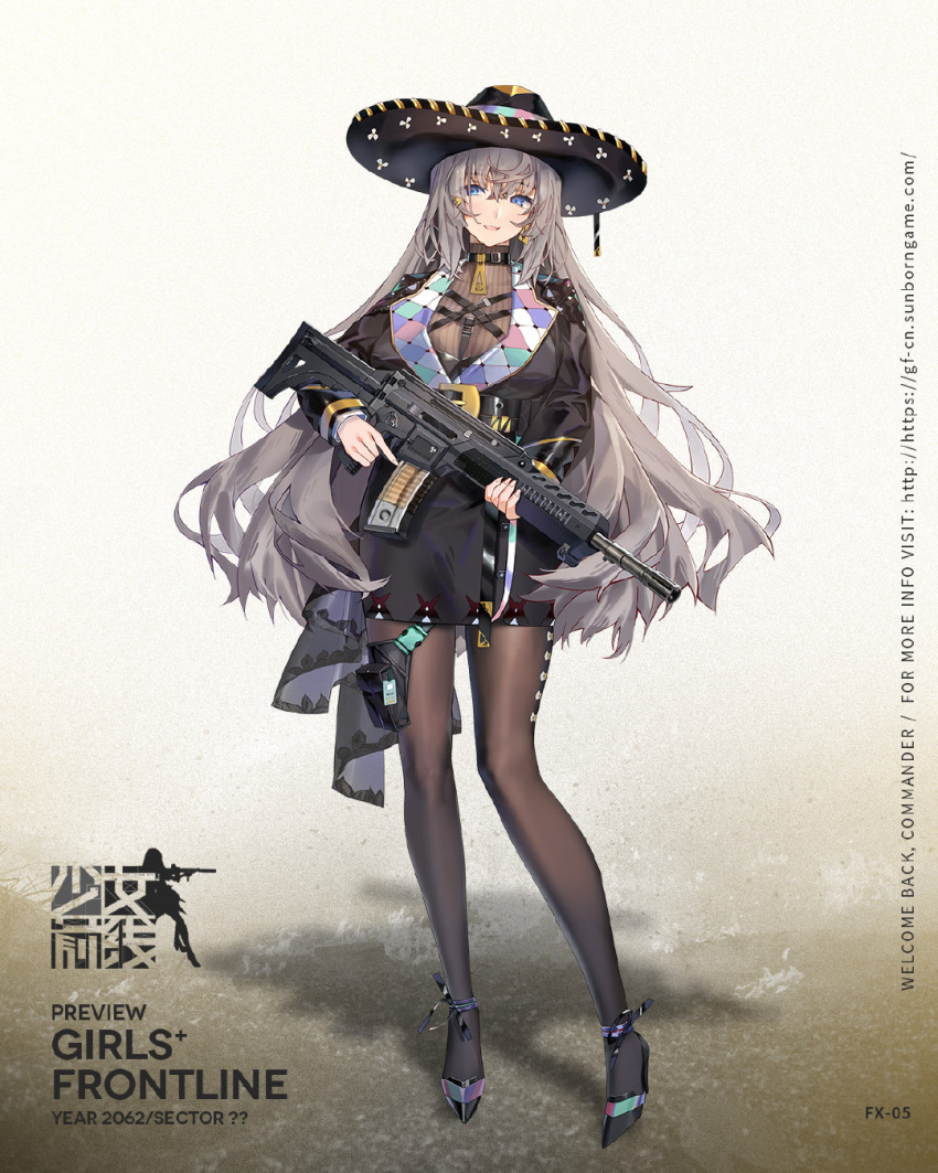 1girl, assault_rifle, blue_eyes, breasts, character_name, choker, commentary_request, eyebrows_visible_through_hair