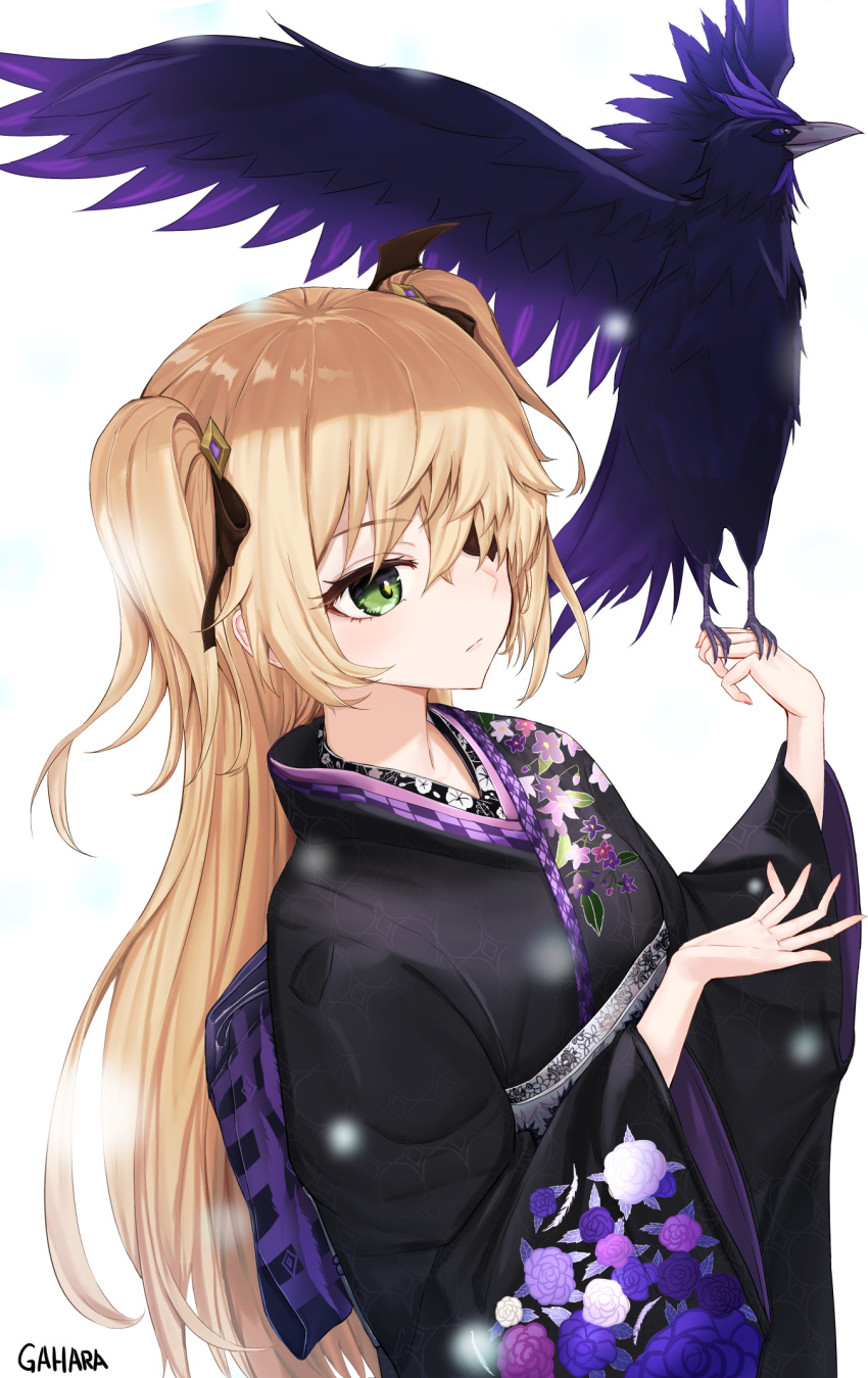 1girl, alternate_costume, artist_name, bird, black_eyepatch, black_kimono, black_ribbon, blonde_hair