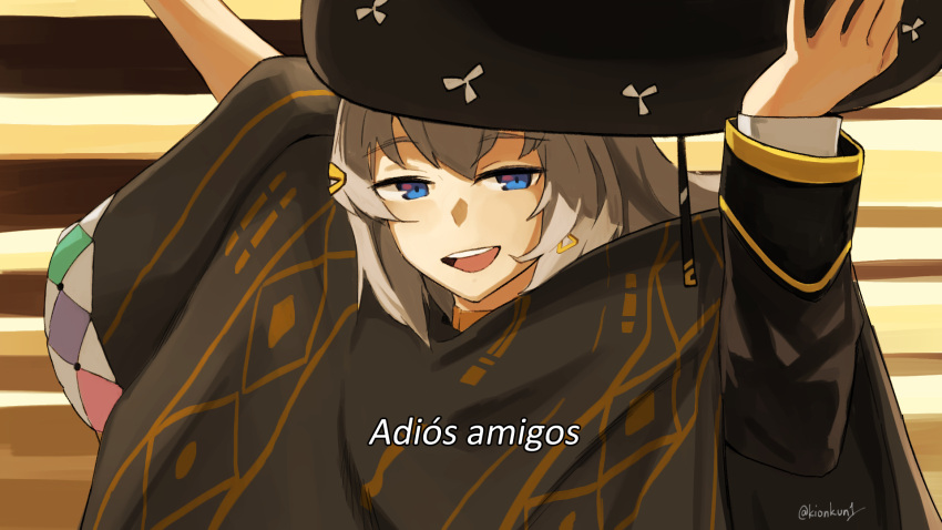 blue_eyes, eyebrows_visible_through_hair, fx-05_(girls_frontline), girls_frontline, grey_hair, hat, highres, holding, holding_clothes, holding_hat, kion-kun, looking_at_viewer, metal_gear_(series), metal_gear_rising:_revengeance, open_mouth, parody, sarape, sombrero, spanish_text