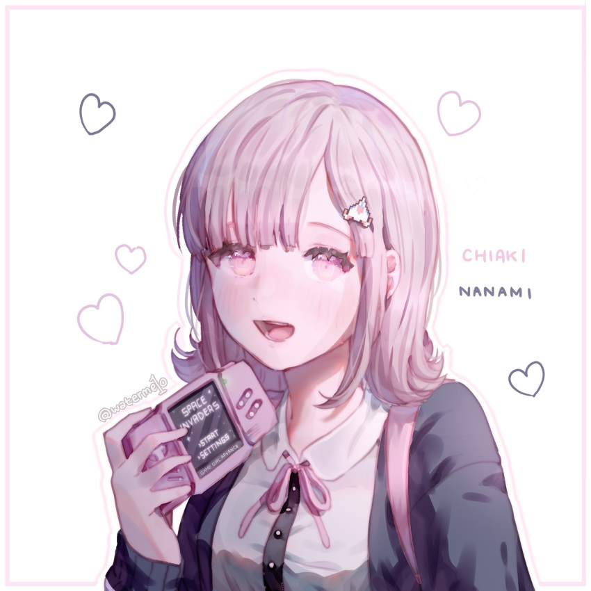 1girl, backpack, bag, bangs, black_jacket, black_shirt, blunt_bangs, blush, border, breasts, collared_shirt, commentary_request, dangan_ronpa_(series), dangan_ronpa_2:_goodbye_despair, dress_shirt, hair_ornament, hairclip, hand_up, handheld_game_console, heart, highres, holding, holding_handheld_game_console, jacket, long_sleeves, looking_at_viewer, medium_breasts, medium_hair, melo_(waterme1o), nanami_chiaki, neck_ribbon, open_mouth, pink_border, pink_eyes, pink_ribbon, ribbon, shirt, smile, solo, space_invaders, two-tone_shirt, upper_body, white_border, white_shirt