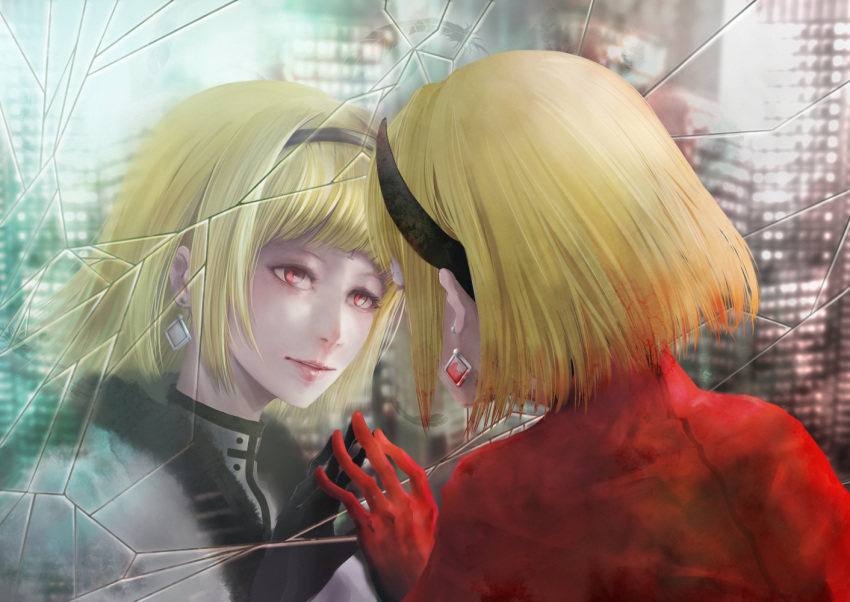 blonde_hair, blood, bloody_hair, broken_glass, brother_and_sister, brother_one, building, capelet