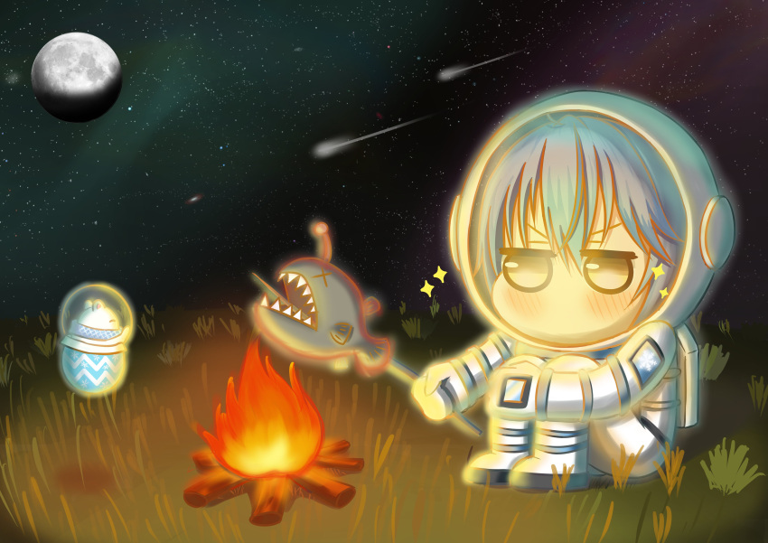 1girl, ^_^, absurdres, anglerfish, annoyed, astronaut, blue_hair, campfire