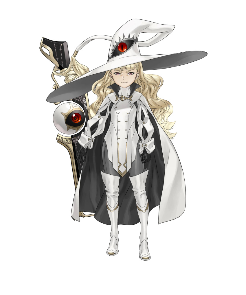bangs, blonde_hair, boots, buttons, cape, closed_mouth, dress, eitri_(fire_emblem), evil_smile, fire_emblem, fire_emblem_heroes, full_body, gloves, hat, highres, jewelry, kozaki_yuusuke, long_hair, long_sleeves, looking_at_viewer, official_art, pantyhose, pelvic_curtain, pink_hair, shiny, shiny_hair, short_dress, smile, standing, thigh-highs, thigh_boots, transparent_background, turtleneck, weapon, white_dress, white_footwear, witch_hat