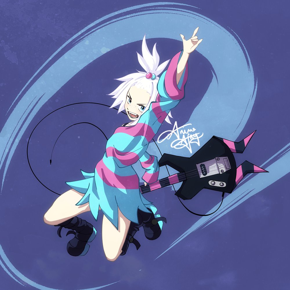 1girl, animeajay, baggy_clothes, bass_guitar, blue_eyes, boots, commission, dress