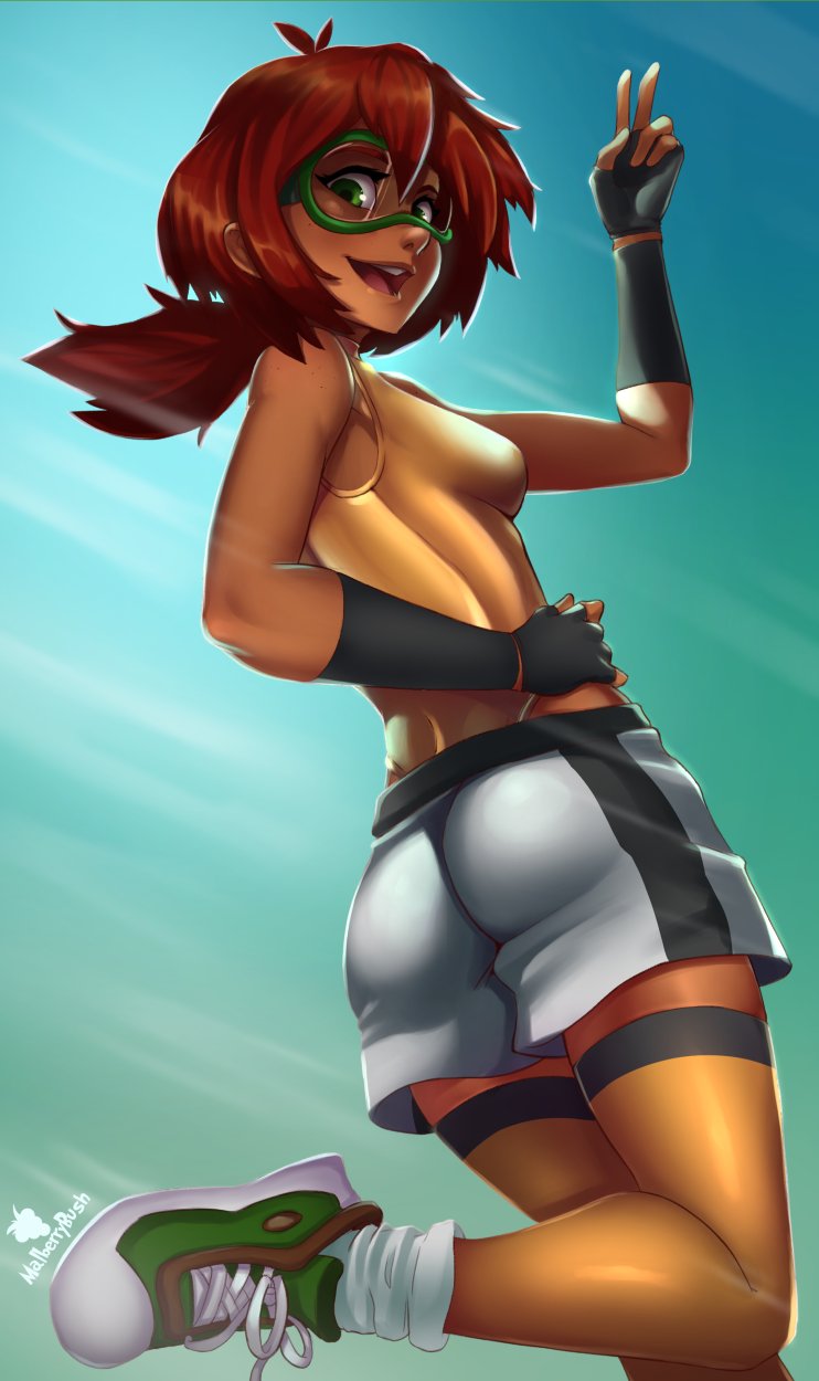 ass, dark_skin, fingerless_gloves, gloves, goggles, green_eyes, highres, looking_at_viewer