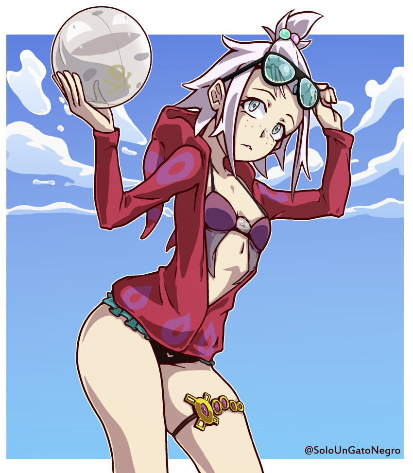 1girl, absurdres, alternate_costume, ass, badge, ball, beach, beachball