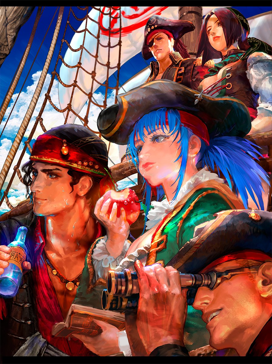 alternate_costume, apple, bandana, binoculars, black_hair, blue_eyes, blue_hair, book