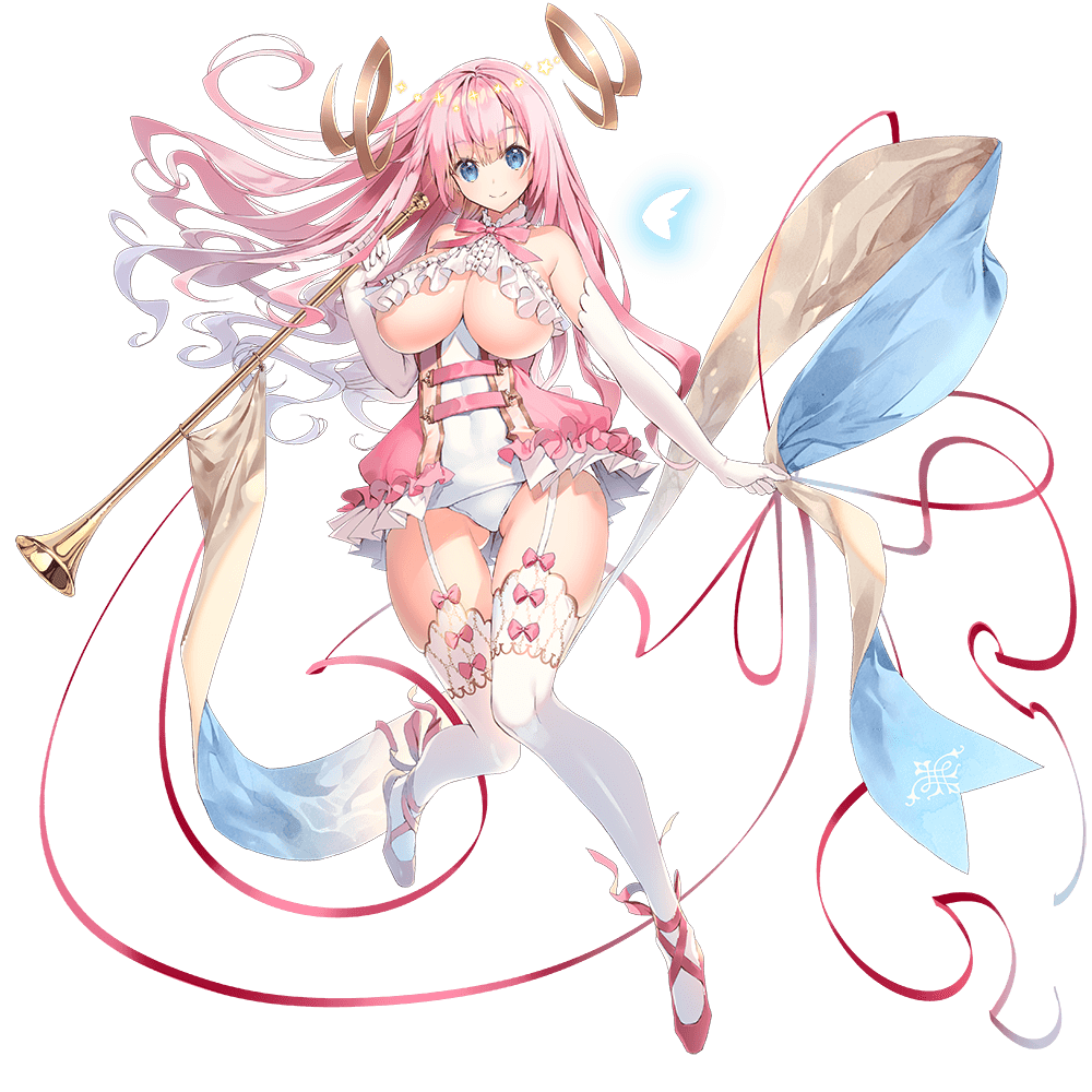 1girl, bangs, blue_eyes, breasts, dennou_tenshi_jibril, elbow_gloves, floating_hair, full_body, garter_straps, gloves, holding, holding_instrument, huge_breasts, instrument, long_hair, looking_at_viewer, official_art, pink_hair, red_ribbon, ribbon, smile, solo, thigh-highs, transparent_background, trumpet, under_boob, white_gloves, white_legwear