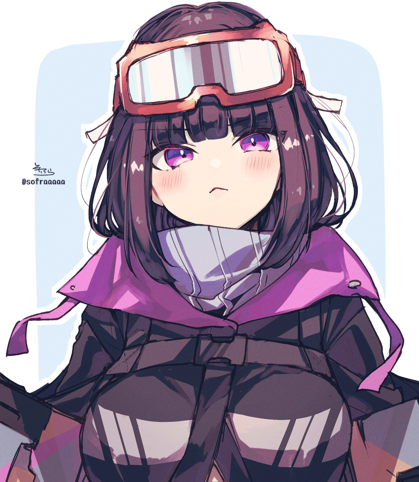 1girl, :<, bangs, black_hair, black_jacket, blue_background, blush, breasts