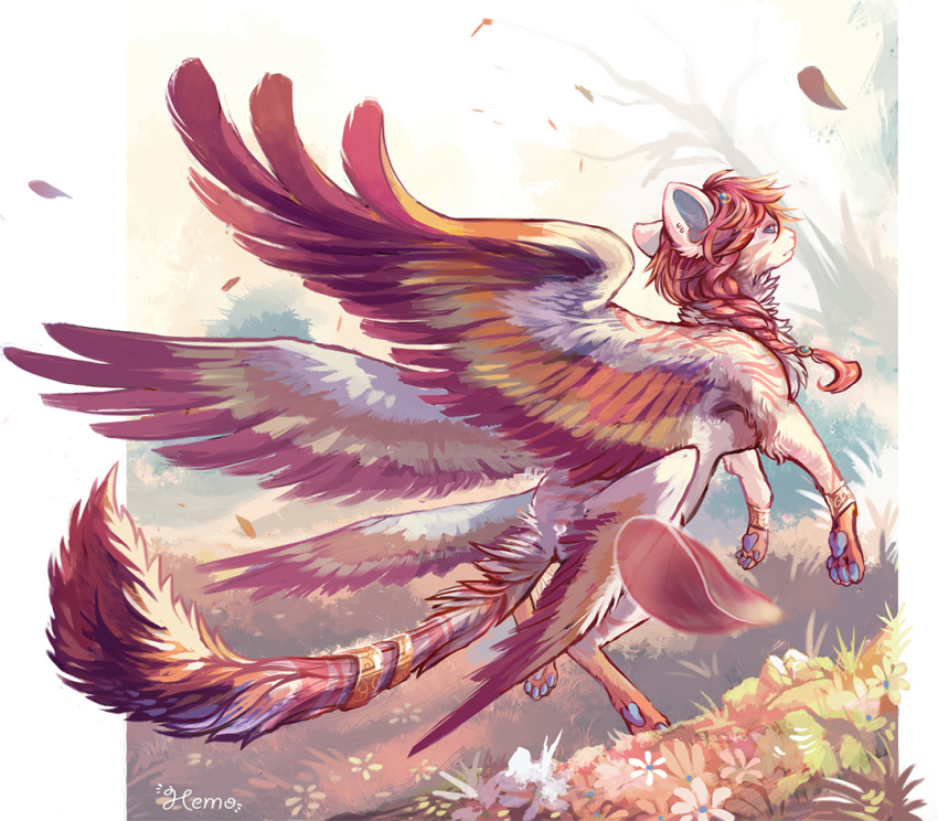 braid, brown_hair, commentary, creature, day, english_commentary, faerie_neopet, feathers