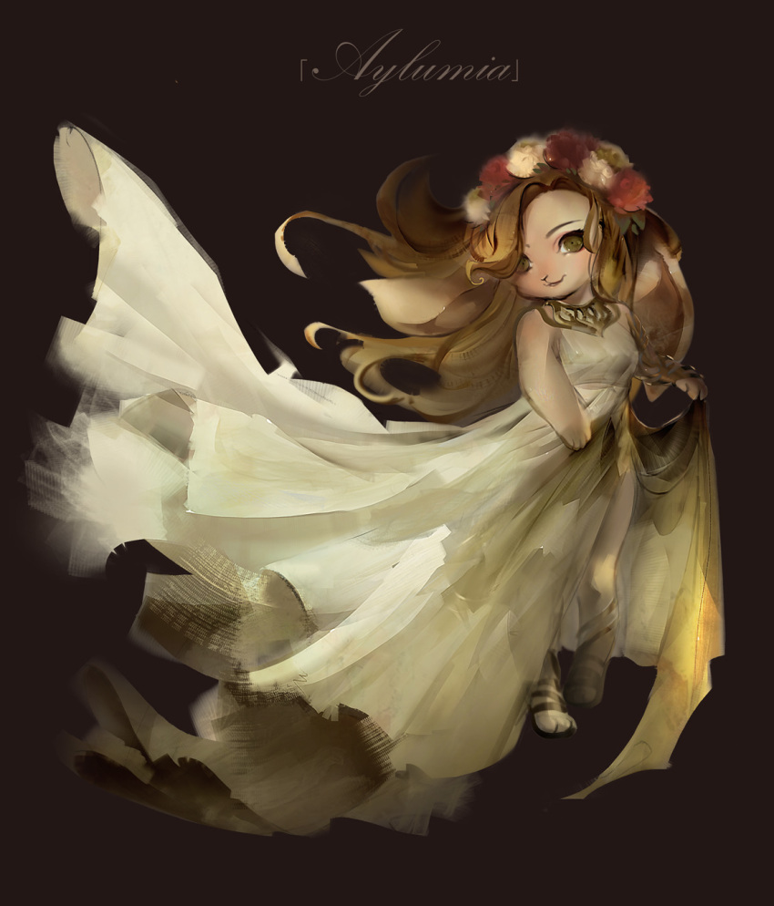 1girl, animal_ears, breasts, brown_background, brown_eyes, closed_mouth, commentary, cybunny, dress, english_commentary, eyelashes, flower, full_body, hair_flower, hair_ornament, highres, neopets, rabbit, rabbit_ears, sandals, simple_background, small_breasts, solo, standing, white_dress, wind, yhemo