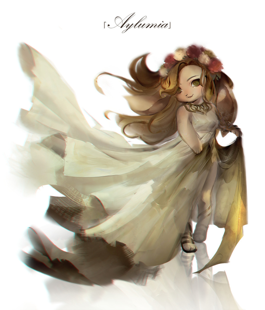 1girl, animal_ears, breasts, brown_eyes, closed_mouth, commentary, cybunny, dress, english_commentary, eyelashes, flower, full_body, hair_flower, hair_ornament, highres, neopets, rabbit, rabbit_ears, reflection, sandals, simple_background, small_breasts, solo, standing, white_background, white_dress, wind, yhemo