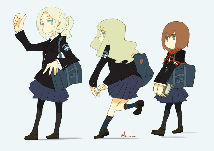 3girls, asterisk_kome, bag, blonde_hair, blue_eyes, book, brown_hair, character_name, danish_flag, drottning_victoria_(kome), finnish_flag, finnish_navy, holding, holding_book, long_hair, military, multiple_girls, niels_juel_(kome), original, personification, ponytail, short_hair, swedish_flag, thumbs_up, uniform, vainamoinen_(kome), walking, watercraft, white_background