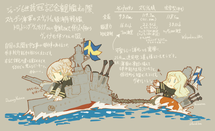 3girls, asterisk_kome, blonde_hair, blue_eyes, cannon, character_name, coat, drottning_victoria_(kome), drottning_victoria_(ship), epaulettes, finnish_flag, finnish_navy, gloves, historical_event, lifebuoy, long_hair, military, military_uniform, military_vehicle, multiple_girls, naval_flag, original, personification, ponytail, rope, ship, swedish_flag, swedish_uniform, towing, translation_request, uniform, vainamoinen_(kome), vainamoinen_(ship), warship, watercraft