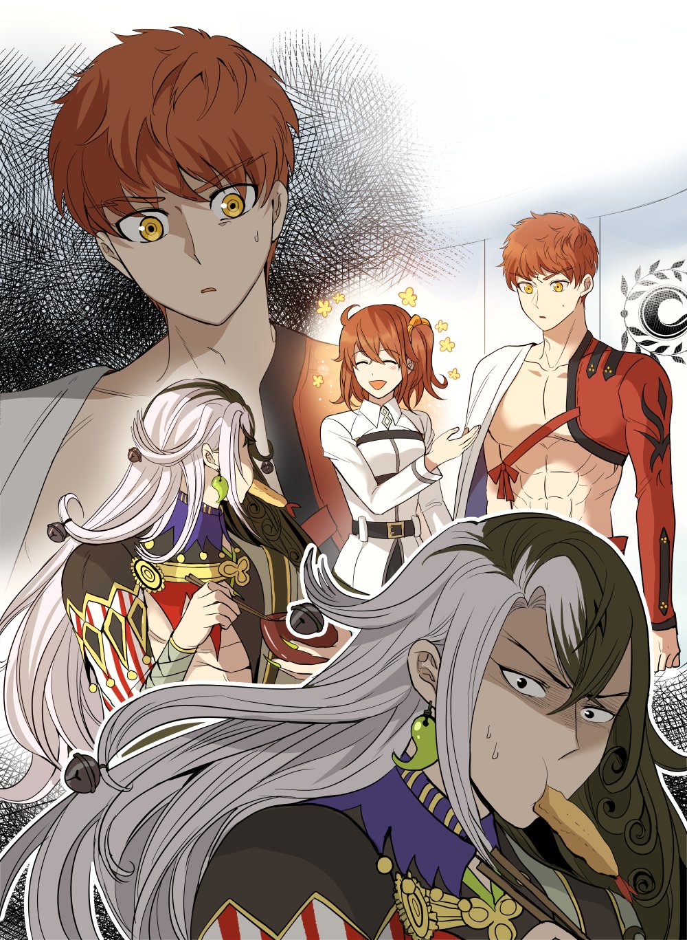 1girl, 2boys, abs, ahoge, ashiya_douman_(fate), bell, black_hair, chaldea_uniform, chopsticks, commentary_request, crosshatching, earrings, eating, emiya_shirou, eye_contact, fate/grand_order, fate_(series), food, food_in_mouth, fujimaru_ritsuka_(female), gesture, hair_bell, hair_ornament, hatching_(texture), highres, igote, iji_iji_iji, jewelry, limited/zero_over, looking_at_another, magatama, magatama_earrings, multicolored_hair, multiple_boys, orange_hair, sengo_muramasa_(fate), smile, staring, sweatdrop, tempura, turn_pale, two-tone_hair, white_hair, yellow_eyes
