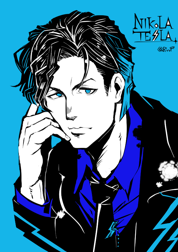 1boy, bangs, black_hair, blue_background, blue_eyes, blue_hair, climaxmukr, closed_mouth