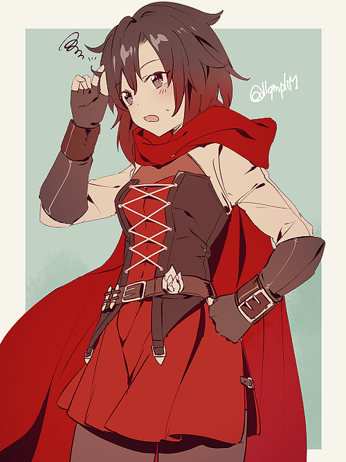 1girl, bandolier, belt, black_hair, black_legwear, blue_background, blush, bodice, breasts, bullet, cape, dress, eyebrows_visible_through_hair, fingerless_gloves, flower, gloves, gradient_hair, grey_eyes, hand_in_hair, hand_on_hip, long_hair, long_sleeves, multicolored_hair, pantyhose, red_cape, red_skirt, redhead, rose, ruby_rose, rwby, simple_background, skirt, slee, solo, sweat, two-tone_hair, white_background