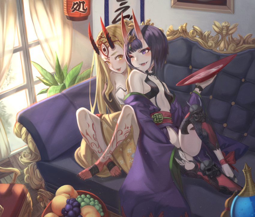 alcohol, bangs, bare_shoulders, blonde_hair, blush, bob_cut, breasts, collarbone