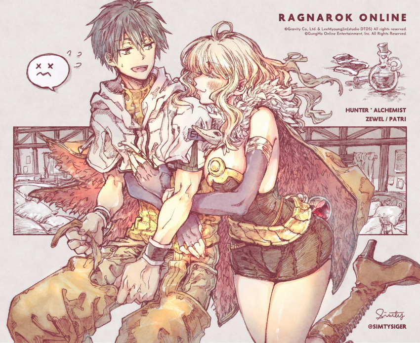 1boy, 1girl, alchemist_(ragnarok_online), arrow_(projectile), bangs, bed, black_gloves, black_hair, blonde_hair, blush, boots, breasts, brown_cape, brown_dress, brown_footwear, brown_pants, cape, character_name, closed_mouth, commentary_request, copyright_name, cowboy_shot, crop_top, dress, elbow_gloves, emoticon, eyebrows_visible_through_hair, fingerless_gloves, fur-trimmed_cape, fur_collar, fur_trim, gloves, green_eyes, hair_between_eyes, hetero, high_heel_boots, high_heels, highres, hug, hug_from_behind, hunter_(ragnarok_online), ichimi_(simtysiger), large_breasts, layered_shirt, long_hair, looking_at_another, looking_to_the_side, monochrome_background, open_mouth, pants, potion, quiver, ragnarok_online, shirt, short_dress, short_hair, signature, sitting, smile, strapless, strapless_dress, twitter_username, vial, wavy_mouth, white_shirt, wristband, x_x, yellow_shirt