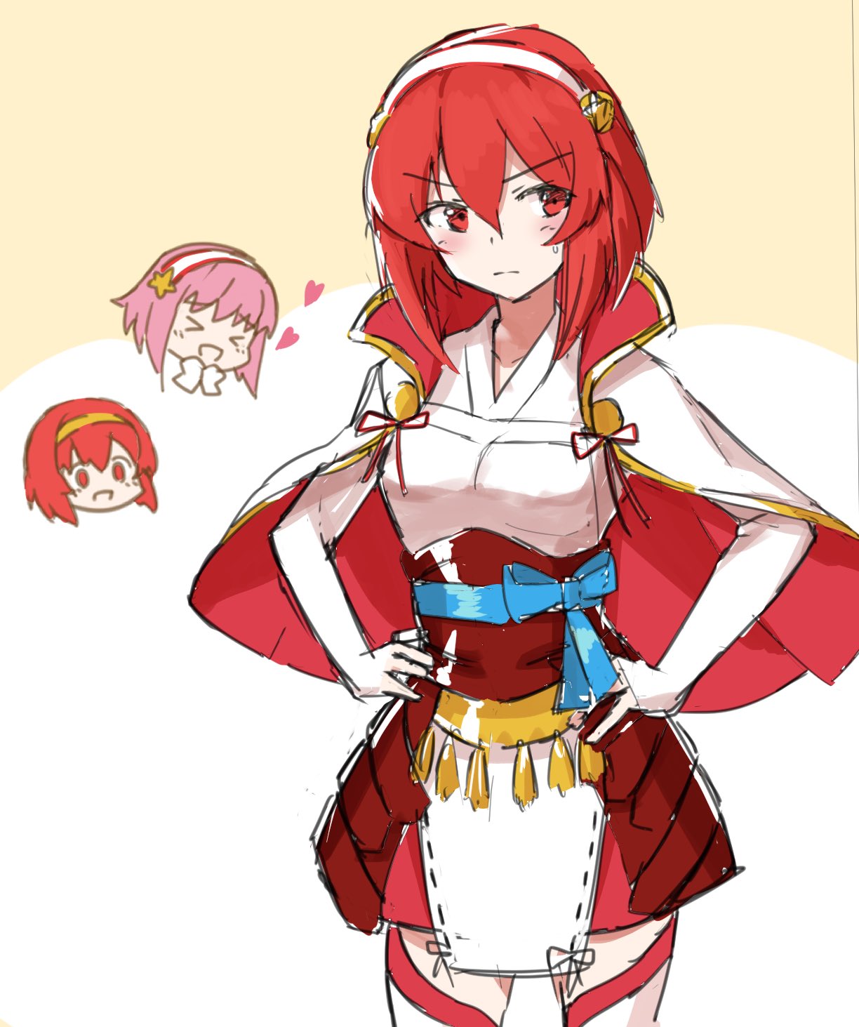 >o<, 3girls, blush, bow, capelet, cosplay, costume_switch, elbow_gloves, fire_emblem, fire_emblem:_mystery_of_the_emblem, fire_emblem_fates, gloves, hairband, hands_on_hips, heart, highres, kawazu_(pixiv22469761), kwz_ini, maria_(fire_emblem), minerva_(fire_emblem), multiple_girls, red_eyes, redhead, sakura_(fire_emblem), skirt, white_gloves