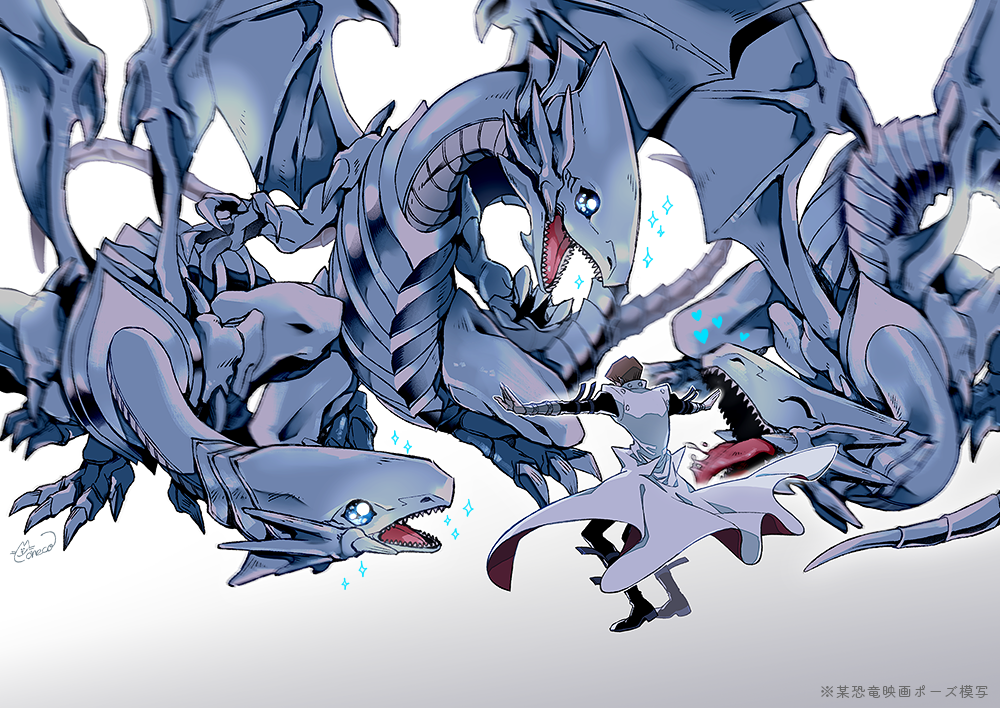 1boy, arm_belt, blue-eyes_white_dragon, blue_eyes, brown_hair, closed_eyes, coat, dragon
