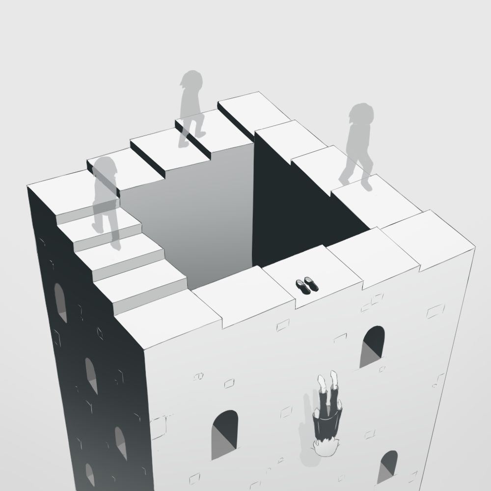1boy, avogado6, black_pants, black_shirt, commentary_request, falling, grey_background, optical_illusion, original, pants, penrose_stairs, shadow, shirt, shoes, simple_background, solo, tower, white_hair