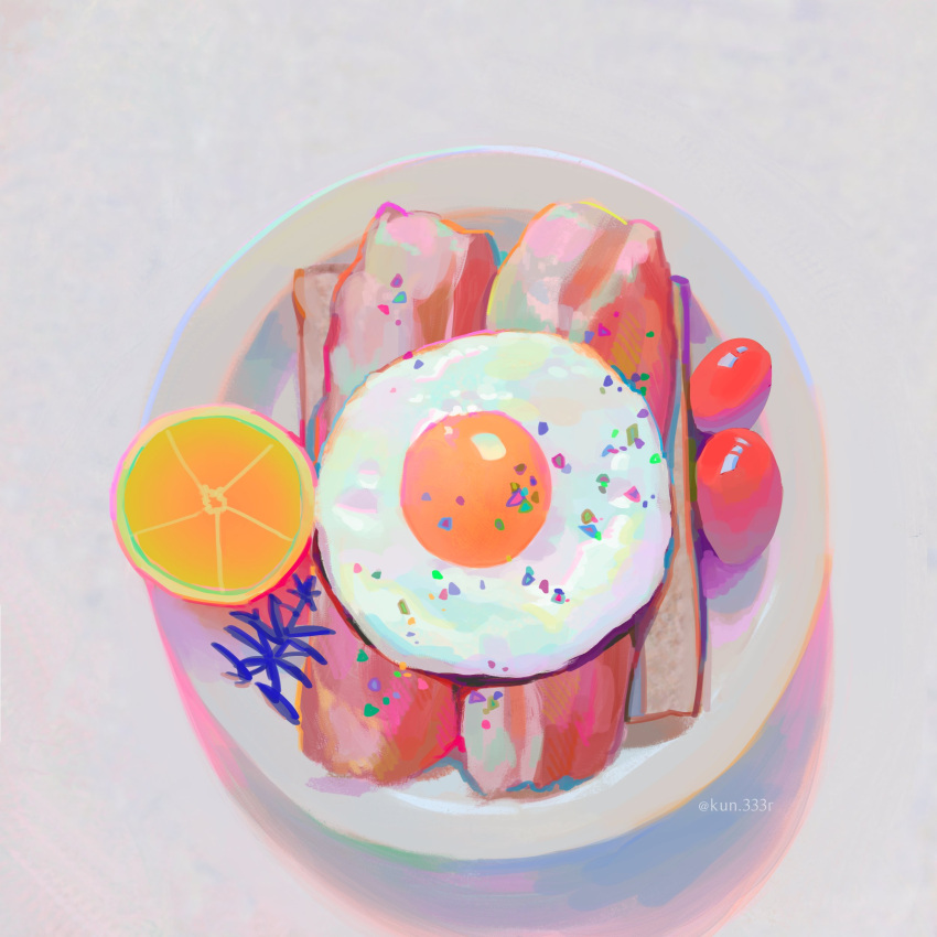 absurdres, artist_name, bacon, bread, cherry_tomato, commentary, egg, egg_yolk, english_commentary, food, fried_egg, fried_egg_on_toast, from_above, fruit, highres, kun333r, no_humans, orange, original, plate, shiny, still_life, toast, tomato, twitter_username, watermark